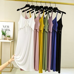 Modal dress female summer high waist thin waist thin mid -sleeveless suspender skirt large size thin round neck solid color long skirt
