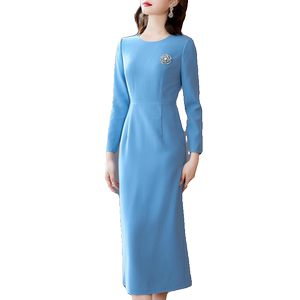 卡沃利简约2025秋季新款修身高腰长袖连衣裙气质百搭浅蓝色中长裙