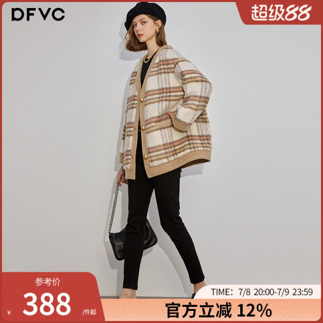 dfvc fashion wool short plaid wool coat for women 2025 winter new V-neck loose wool coat