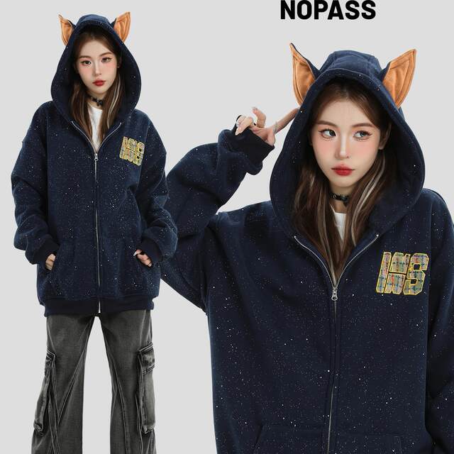 NOPASS National Fashion Brand Original American Doberman Pinscher Ear Hooded Sweatshirt Starry Stars Plus Velvet Cardigan Jacket for Women