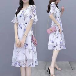 Chiffon Dress Women's Clearance Sale 9.9 Yuan Special Price Summer Printed A-Line Mid-Length Waist-Cinching Floral Dress