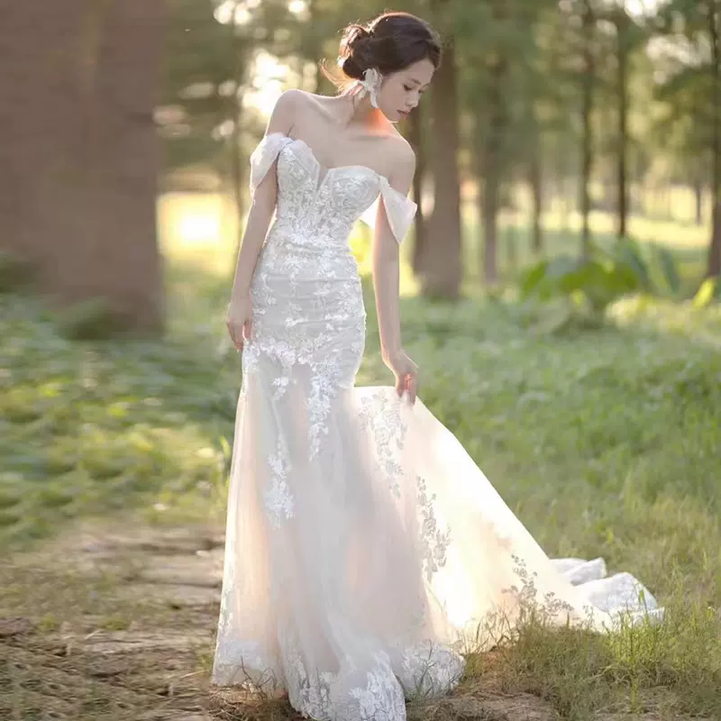 一字肩鱼尾婚纱新娘2023新款法式蕾丝小众出门迎宾晚礼服气质名媛-Taobao