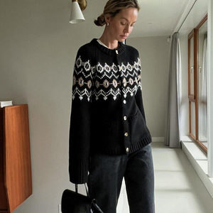 
Clearance black knitted cardigan jacket for women with thick wool retro lazy style 2025 spring and autumn new temperament sweater