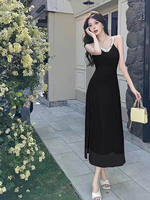 French floral print sexy high waist suspender dress