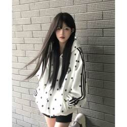 2026 New Style All-Over Star Stripe Webbing Cardigan Sweatshirt for Women, Autumn and Winter Design, Niche Short Hooded Jacket