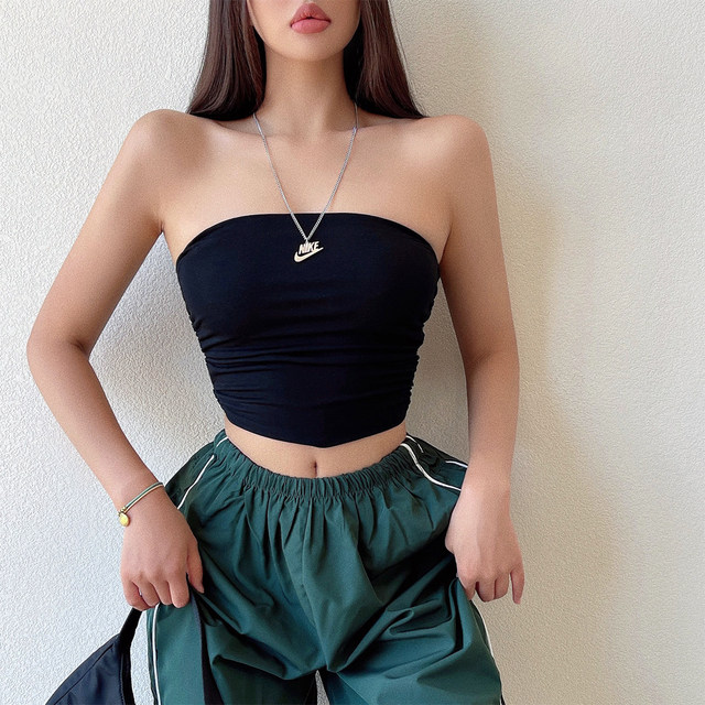 liviahome sexy flat-mouth strapless tight elastic bottoming pleated short navel-baring tube top top