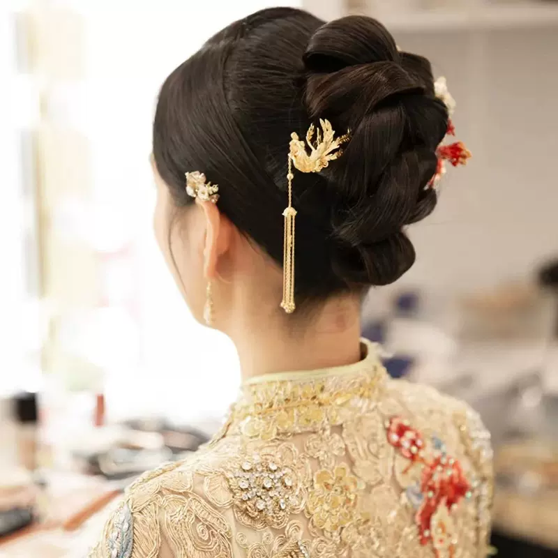 婚嫁新娘凤凰发钗新中式高级感金色发簪婚礼头饰品簪子古典凤钗-Taobao 