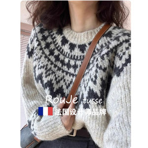 
French Rouje tusse round neck pullover cashmere sweater for women loose lazy style autumn and winter wool sweater