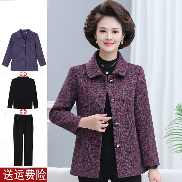 Middle -aged and elderly women's clothing spring and autumn woolen top fashion lapel 50 -year -old 60 mothers autumn clothing foreign woolen jacket short

