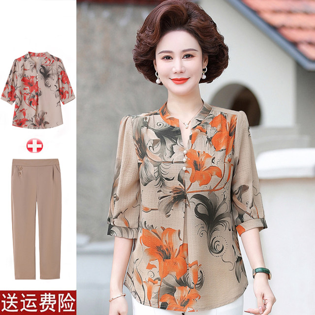 Middle-aged women's short-sleeved women's T-shirts middle-aged and elderly mothers 2025 summer new fashionable suit chiffon shirt top