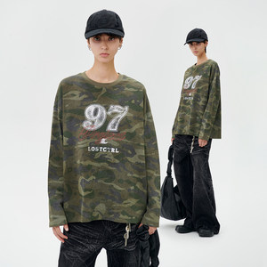 
LOSTCTRL New American retro camouflage digital print loose round neck long sleeve T-shirt for men and women