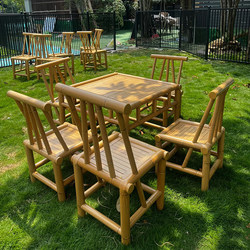 Aluminum Alloy Outdoor Simulated Bamboo Tables and Chairs, Aluminum Square Tables for Courtyard Use, Sun and Rain Resistant, Suitable for Scenic Spots, Guesthouses, and Rural Inns with Thatch Umbrellas