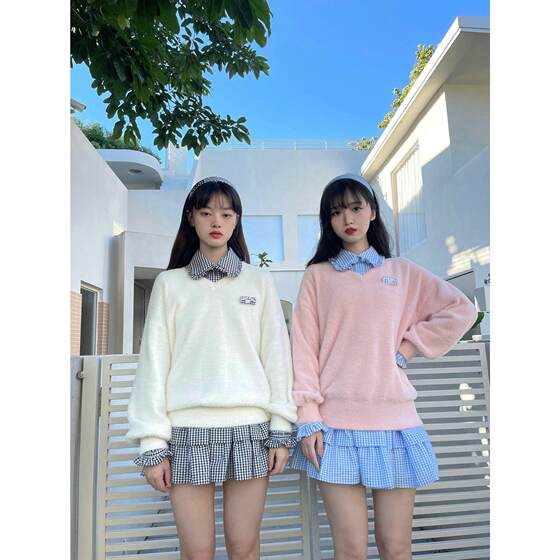 
Ribbon rabbit Korean college knitted temperament beauty fluffy seahorse sweater for women autumn and winter design niche