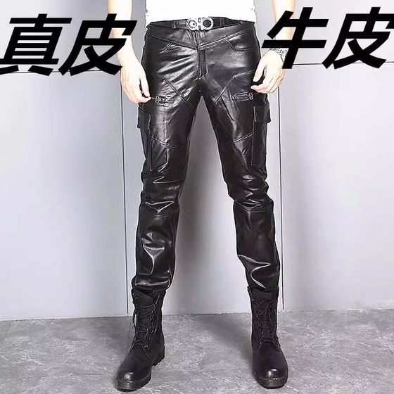 
2025 new men's genuine leather trousers motorcycle and motorcycle warm trousers casual autumn and winter head layer cowhide pants trendy