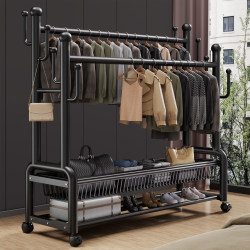 Double-Rod Clothes Drying Rack, Simple Household Coat Rack, Floor-Standing Indoor Thickened Bedroom Clothes Rack, Room Clothes Hanging Rack