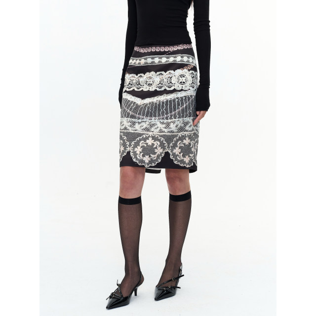 SHIJIRRR 24FWVOL.1 new black lace printed silk face pearlescent half-body slit midskirt