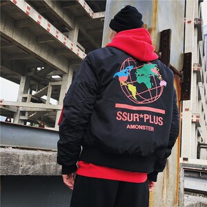 On the other side Chaoshe SSUR X AMONSTER joint map printing baseball uniform cotton jacket MA1 jacket outer jacket