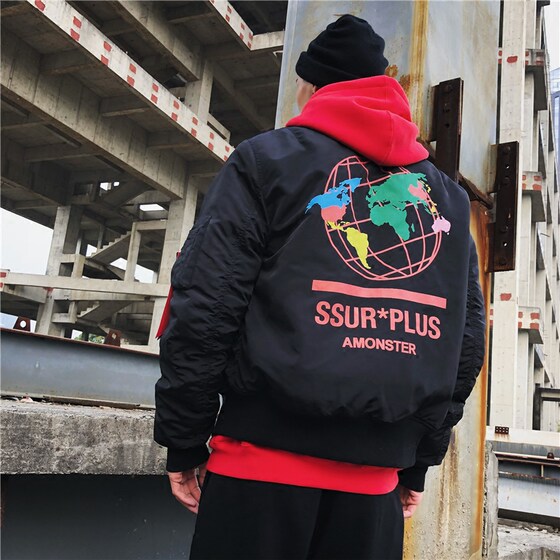 On the other side Chaoshe SSUR X AMONSTER joint map printing baseball uniform cotton jacket MA1 jacket outer jacket