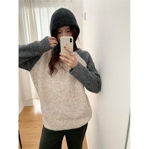 黄峥韩系圆领套头拼色毛衣女25秋冬新款宽松慵懒风针织上衣541087