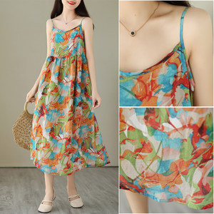 
Foreign trade export original single ramie dress summer vacation style suspender skirt female fairy floral travel temperament long skirt