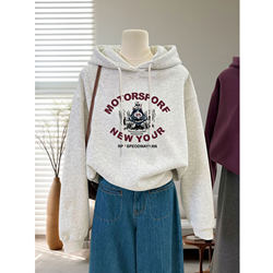 Gray Hooded Sweatshirt for Women, Fleece-Lined, 2026 New Spring, Autumn, and Winter Thin Style, American Retro Cartoon Top, Short Jacket