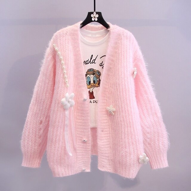 Large-size beaded design sweater jacket for women 2025 spring and autumn new loose lazy style knitted cardigan
