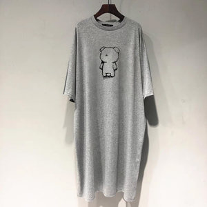 100%pure cotton cartoon short -sleeved robe men's loose and large size one -step skirt summer mid -length full cotton niche bathrobe
