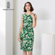 Famous teacher road green and white printed sleeveless dress for autumn women's new mid-waist slim commuting round neck intellectual