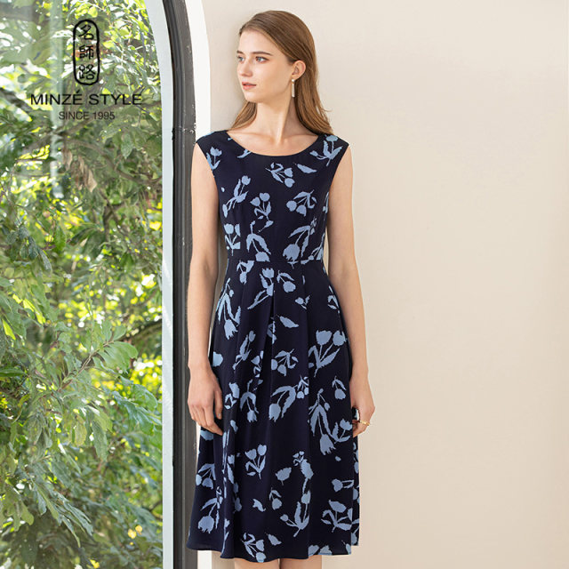 Mingshilu printed dress for women in summer 2025 new round neck thin waist mid-length skirt sleeveless fashion