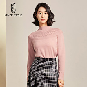 Famous teacher road loose sweater female autumn and winter new semi -high round neck sweater wool sweater, long sleeve black black