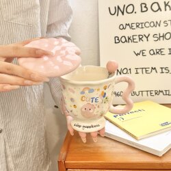 ins Cute Graffiti Dinosaur Mug with Lid and Spoon Couple Ceramic Water Cup High-Quality Home Breakfast Cup