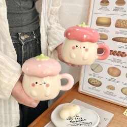 Cute Strawberry Mug with Lid, High-Value Water Cup, Ceramic Cup, Birthday Gift for Girls, Meaningful Gift
