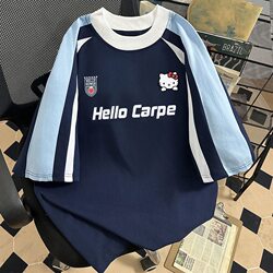 Girls' Kt Cat Cartoon Japanese Style Summer Loose Color-Block Short-Sleeve T-Shirt for Older Children Trendy Brand Student Half-Sleeve Top