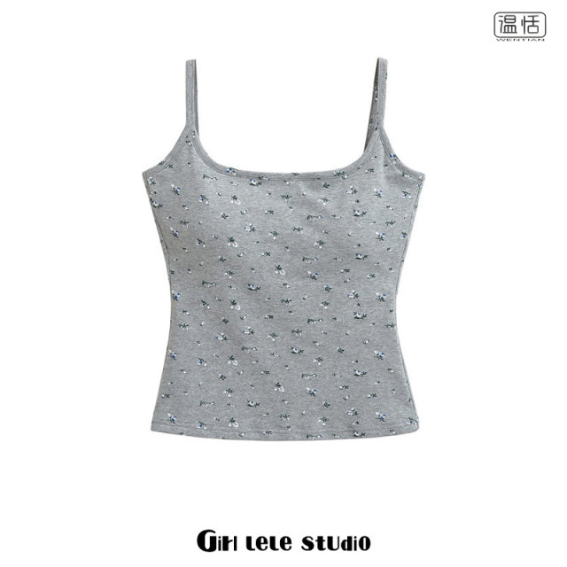 American hot girl floral small suspender vest for women with gray breast pads to make her look slim and slim base top trendy
