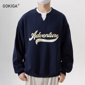 GOKIGA宫崎迦秋季新款宽松假两件印花卫衣男潮流百搭套头卫衣9303