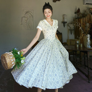 
Miai Original <Tuleries Garden> Pure Cotton French Vintage Style Print High Waist Big Swing Dress Summer