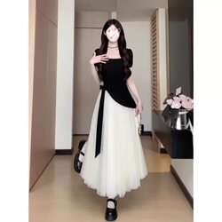 Plus Size Women's French Short-Sleeved Dress Women's Summer Pear-Shaped Figure Draped Skirt High-End Fake Two-Piece Gauze Skirt