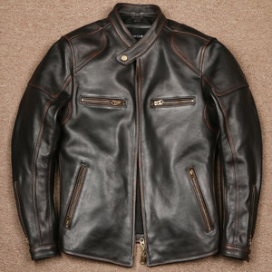 
1.8mm tea core two-color horse leather J100 motorcycle jacket for men slim short stand collar retro leather leather jacket