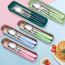 Stainless Steel Portable Tableware Fork, Spoon and Chopsticks Three-Piece Set Student Portable Travel Kitchen Storage Box Bamboo Handle Tableware Set