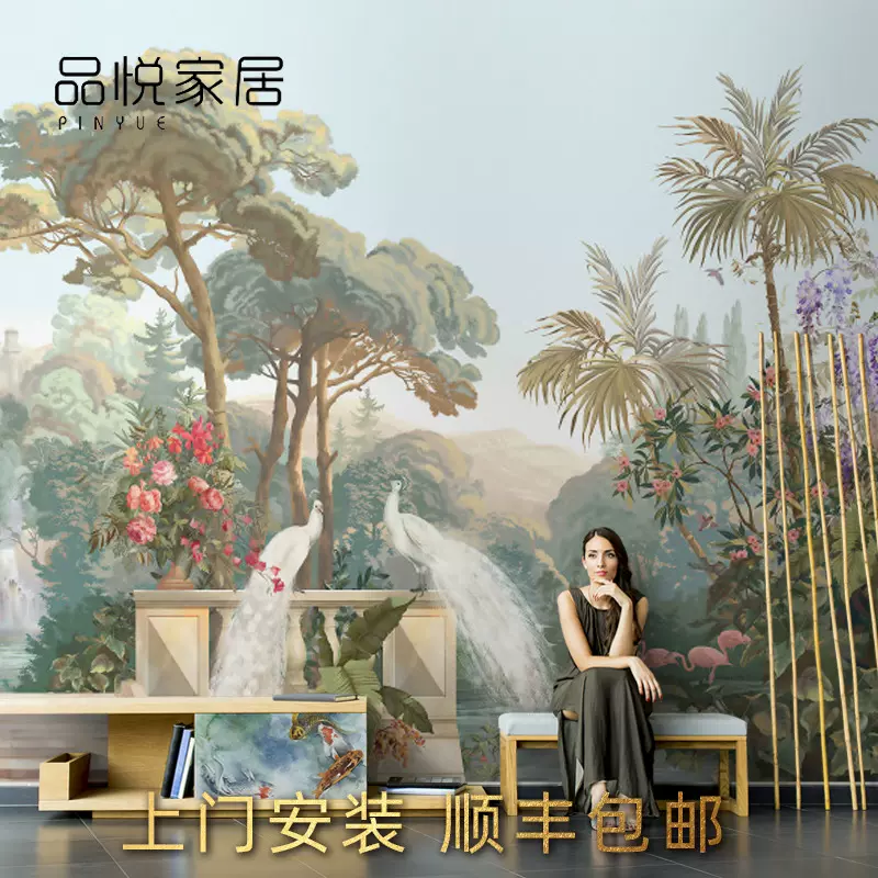 欧式田园风景油画壁纸白孔雀园林壁画客厅电视背景墙纸无纺布 欧式田园风景油画壁纸白孔雀园林壁画客厅电视背景墙纸无纺布
