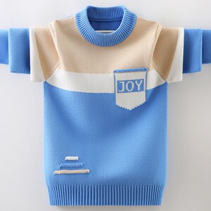 
Boys sweater autumn and winter velvet thickened children's knitted pullover medium and large children's sweater boys striped bottoming shirt