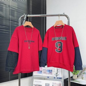 
Brand children's clothing boys fake two-piece sweatshirt 2025 autumn clothing for big children red long-sleeved T-shirt children's loose tops