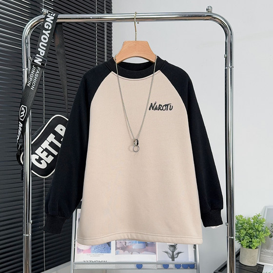 
Big E Little E children's clothing boys' plus velvet long-sleeved T-shirt winter medium and large children's raglan sleeve warm children's bottoming shirt 5285