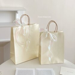 ins Cream-Colored Gift Bags with Ribbons, Kraft Paper Bags, Thickened Solid Color Dessert Bags, Packaging Bags