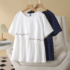
2025 summer new large-size women's loose belly-covering wash cotton embroidered round neck top literary short-sleeved T-shirt