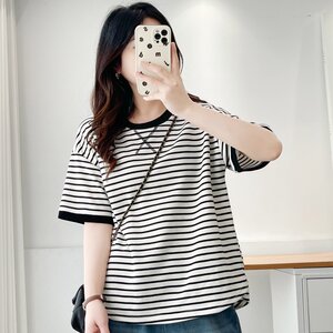 
2025 summer Korean version new pullover 200*0.5kg fat mm loose belly cover round neck striped short-sleeved large-size T-shirt