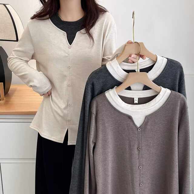Large size contrasting color fake two-piece front shoulder nail button long sleeve T-shirt autumn 2024 new inner knitted base shirt top