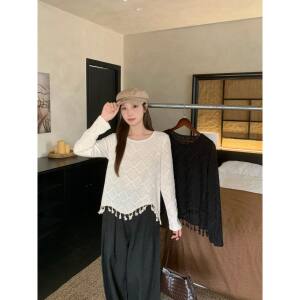 
Diamond hollow long-sleeved sweater for women, spring and autumn, large size, fat mm, short design, tassel top, chic small shirt
