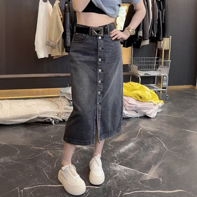 
Large size women's high waist slim without elastic straight half-body denim skirt summer new retro versatile slit hip-pack skirt