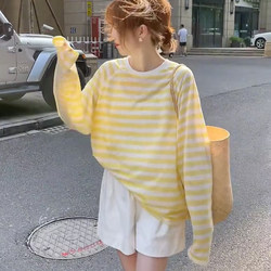 Color-Blocked Striped Sheer Sun Protection Blouse for Women, Summer 2025 New Style, Casual, Cute, Loose, Thin Long-Sleeved T-Shirt